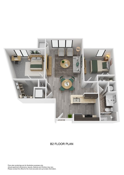 Floor plan for 2 beds, 1 bath, 805 sqft